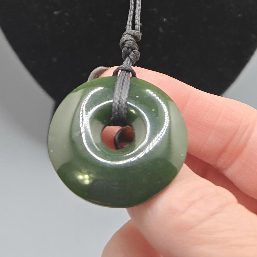 Nephrite Jade Pendant on Cord Round Doughnut Shape Measures 1¼" Diameter